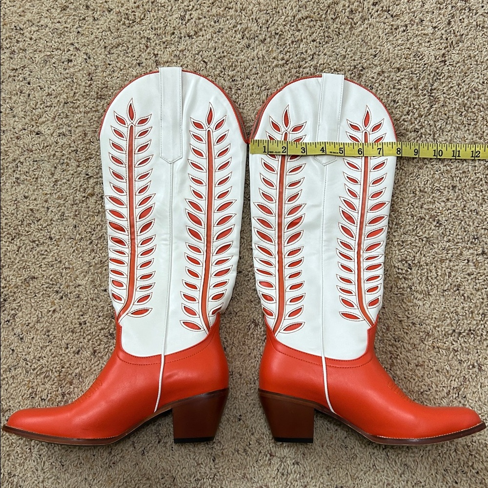 Cowboy Boot Tall Orange White Leaves Inlay Stitching Wide Calf Heel 1.5" Size 8 - Picture 12 of 13